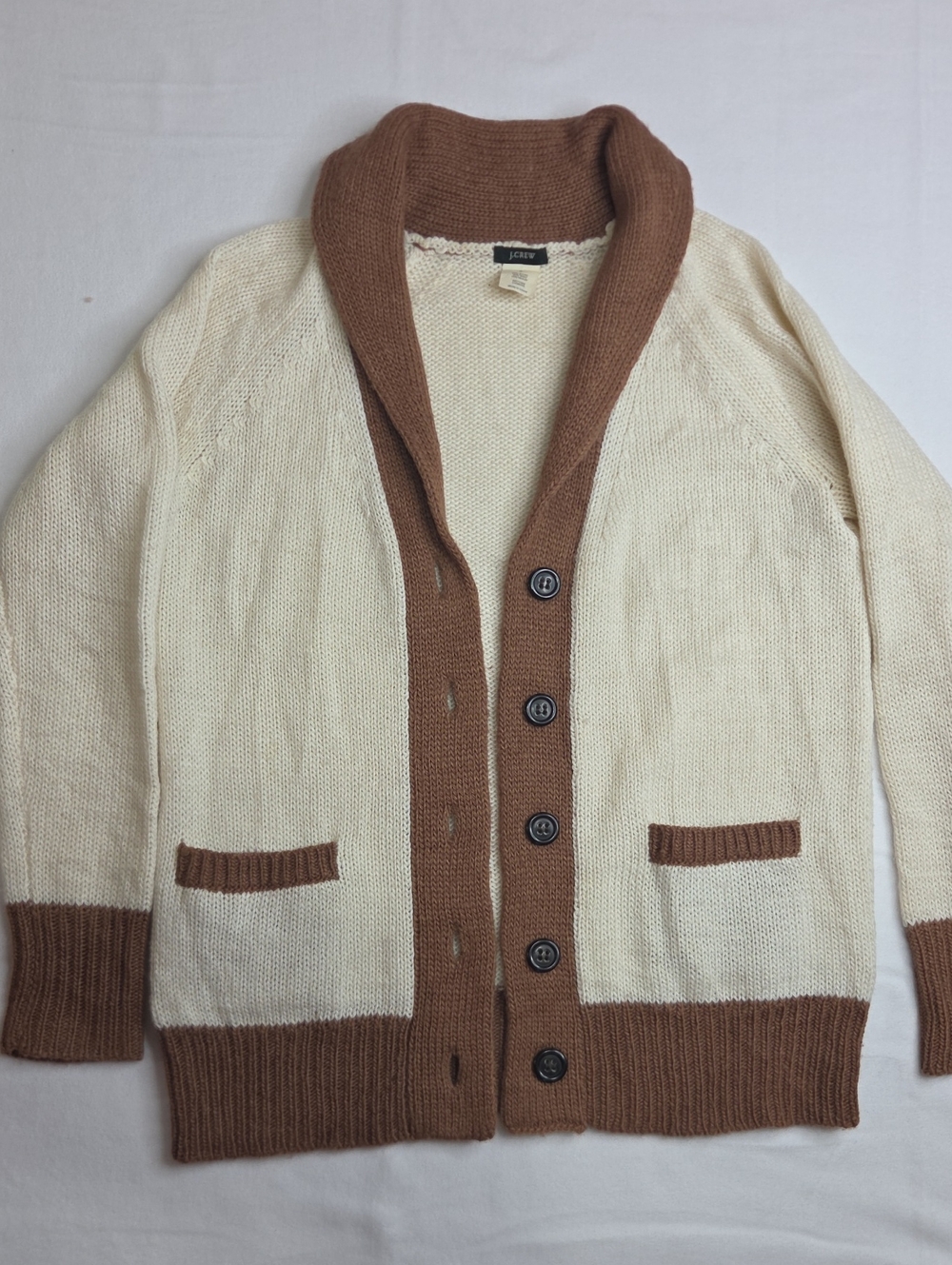 J. Crew Cream and Brown Shawl Collar Cardigan